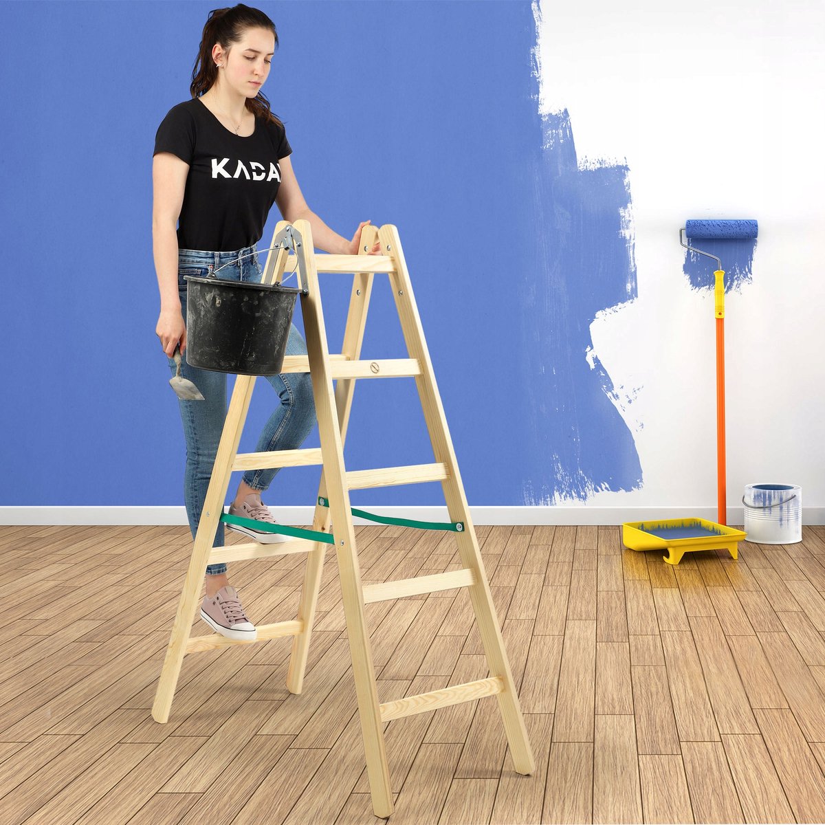 KADAX Houten ladder, bokladder tot 150 kg, opvouwbare schilderladder, dubbele trap ladder met stalen haken, elektricienieladder, staande ladder, huishoudladder (5 treden) – foto 5