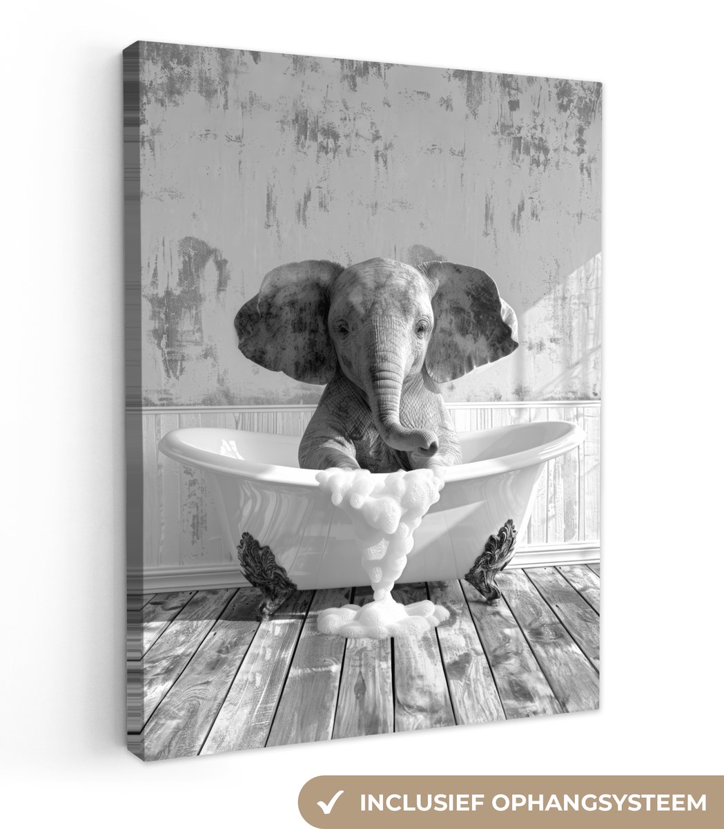 Canvas schilderij 60x80 cm - Wanddecoratie badkamer Olifant - Vintage - Dieren - Zwart - W