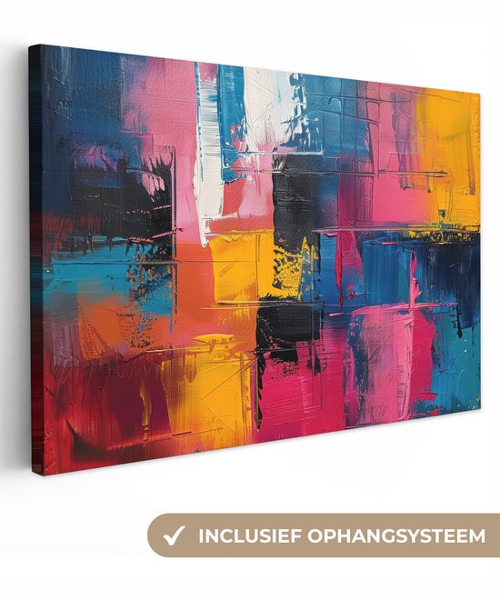 Abstract schilderij met dikke verfstreken in roze, geel, blauw en oranje. Inclusief ophangsysteem.