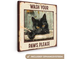 Canvas schilderij 20x20 cm - Wanddecoratie badkamer Vintage - Kat - Quotes - Wash your paws please - Spreuken - Muurdecoratie WC - Decoratieve accessoires - Toilet muur decoratie - Schilderijen op canvas