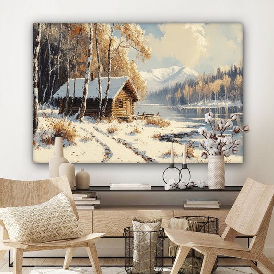 Peinture sur toile 150x100 cm - Décoration murale Hiver - Neige - Maison - Nature - Décoration murale murale salon - Décoration chambre - Accessoires de chambre - Peintures sur toile