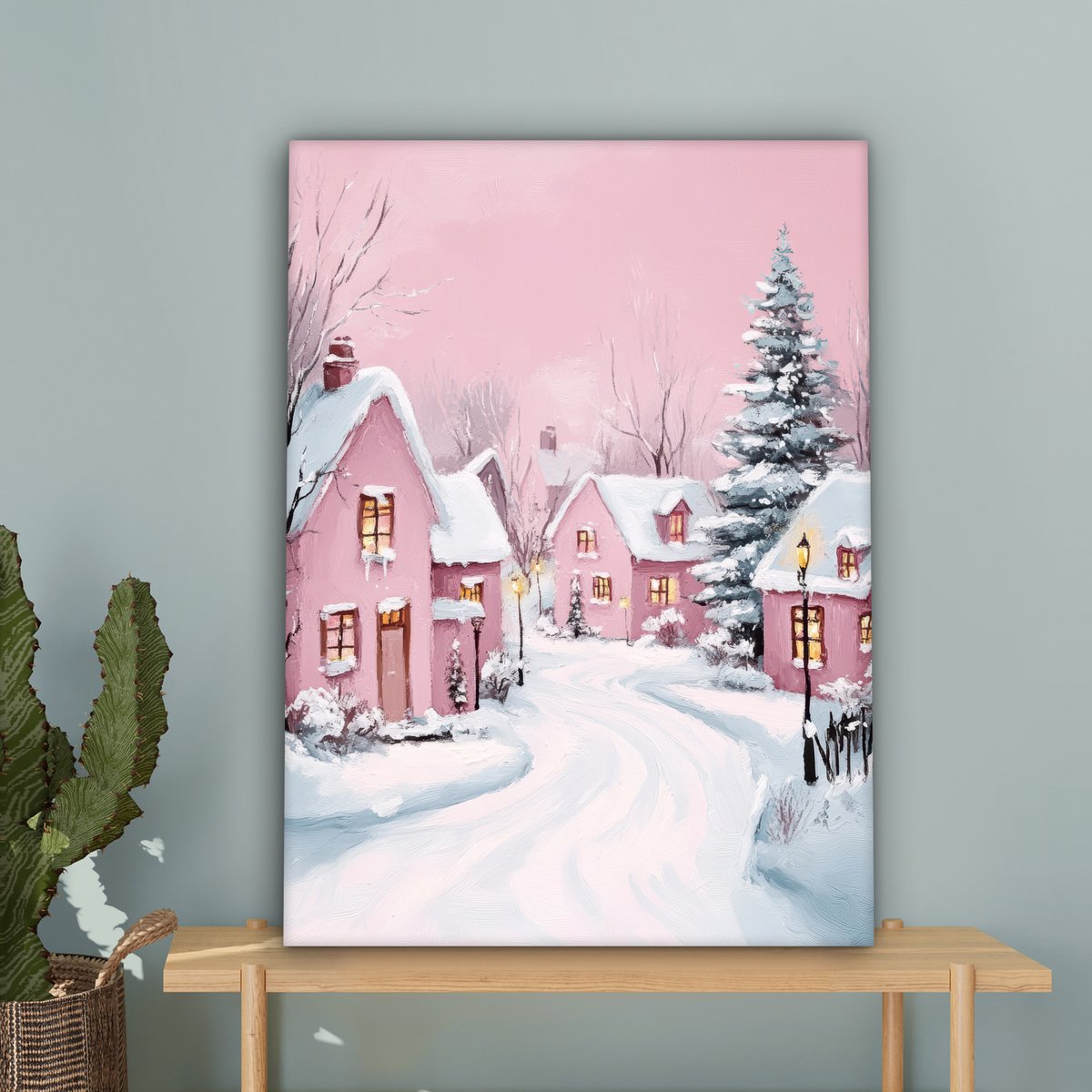 Canvas schilderij 60x80 cm - Wanddecoratie Kerstdorp - Roze - Winter - Sneeuw - Huizen - Muurdecoratie woonkamer - Slaapkamer decoratie - Kamer accessoires - Schilderijen op canvas - Kerstdecoratie voor binnen - Kerstversiering - Kerstmis versiering – foto 3