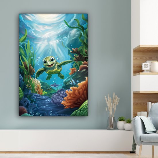 Peinture sur toile 80x120 cm - Décoration murale chambre enfant Tortue - Animaux aquatiques marins - Sous-marin - Algues - Décoration murale murale chambre bébé - Décoration chambre garçon et fille - Accessoires Bébé - Peintures