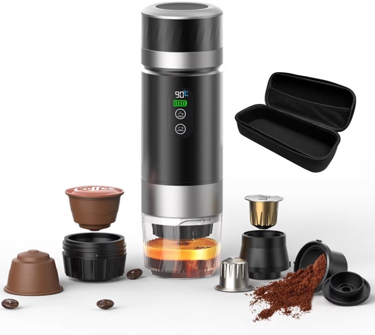 Lordani Draagbaar Koffieapparaat voor Onderweg | Inclusief Tas | Digitale Display | 60ml | 12 Volt | Espresso | Nespresso | Dolce Gusto | Capsule Koffie | Gemalen Koffie | Cups | Oplaadbaar | Draagbare Koffiemachine | Zwart&Zilver — afbeelding 1