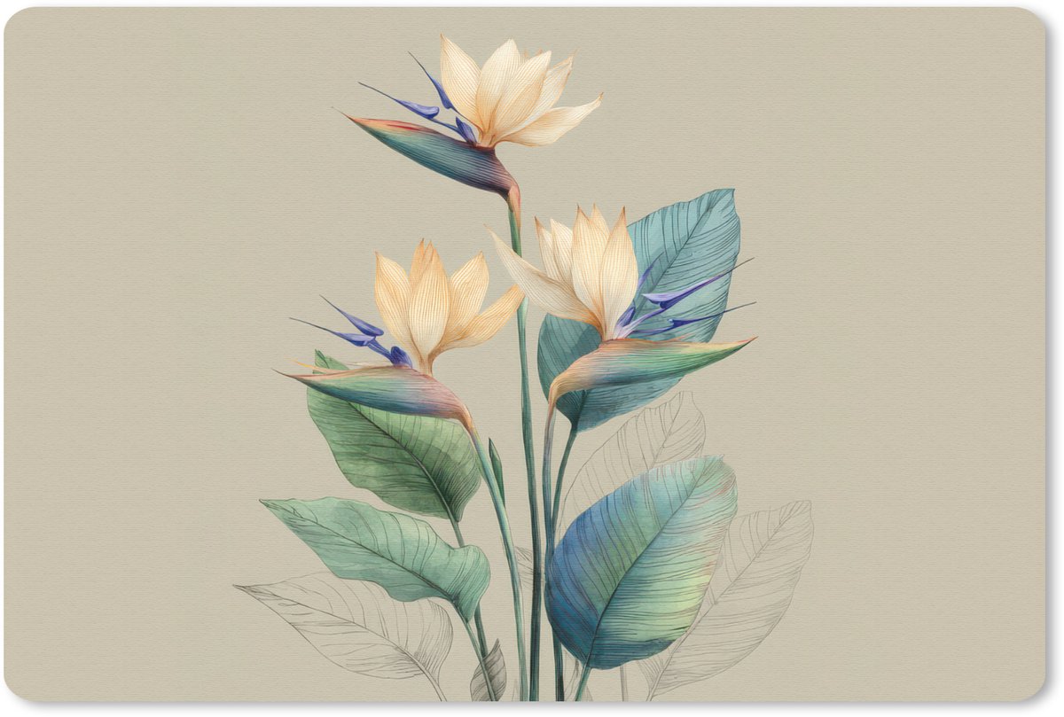Muismat 27x18 cm - Mousepad Paradijsvogelbloemen - Blauwgroene bladeren - Beige - Muismatten