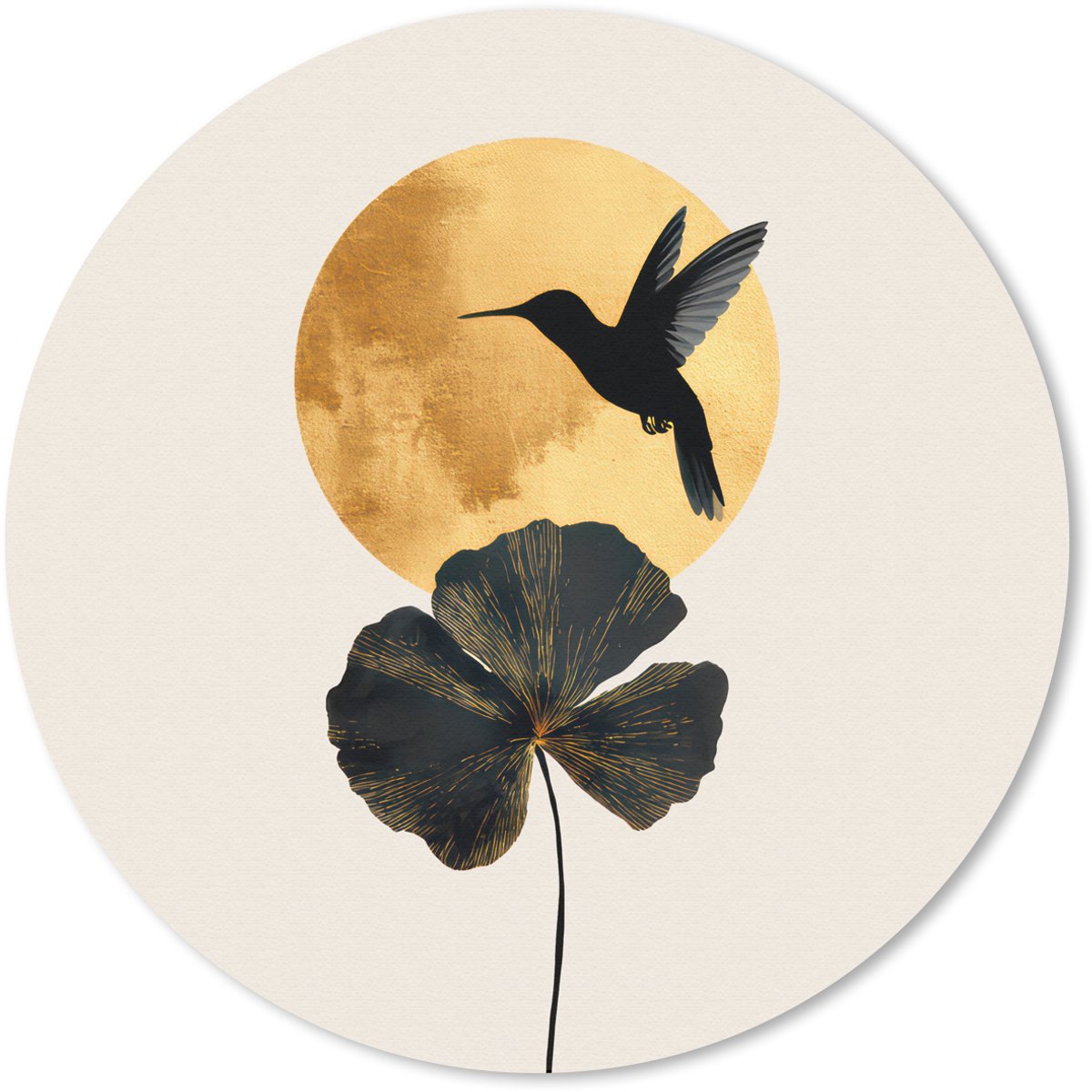 Muismat rond 50x50 cm - Mousepad Zwarte kolibrie - Bloem - Gouden cirkel - Ronde muismatten