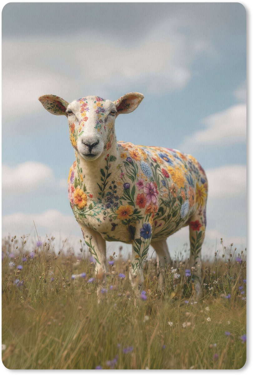 Muismat 18x27 cm - Mousepad Schaap - Bloemen - Weide - Muismatten