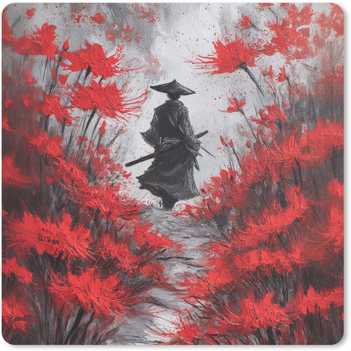 Muismat 30x30 cm - Mousepad Rode bloemen - mistig - Man - Muismatten