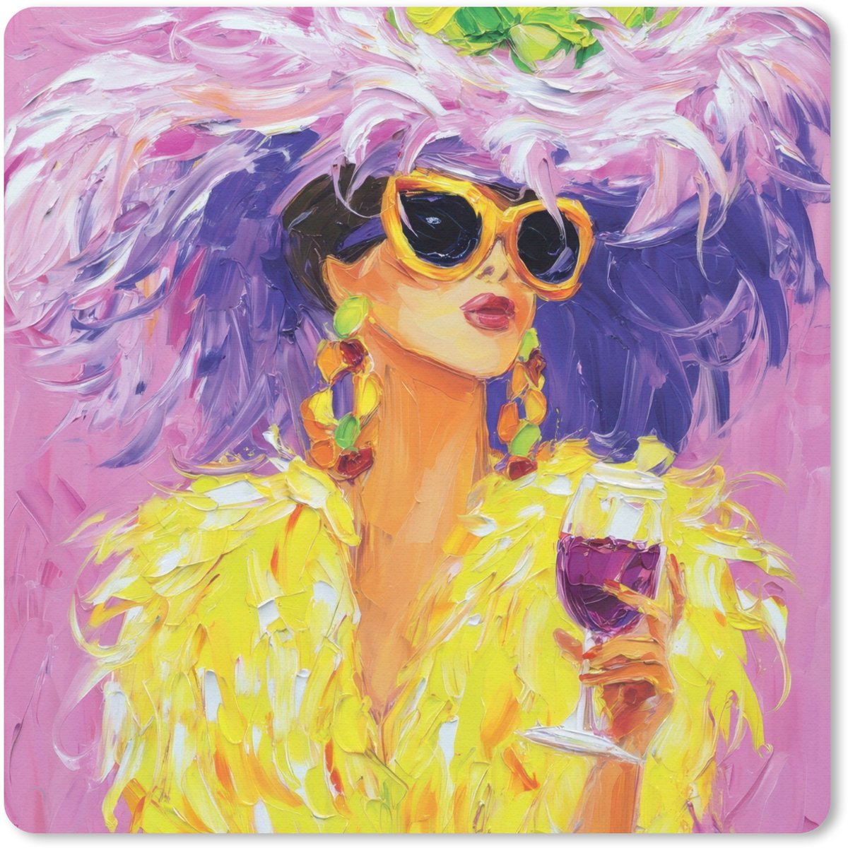 Muismat 30x30 cm - Mousepad Zonnebril - Vrouw - Jas - Veren - Muismatten