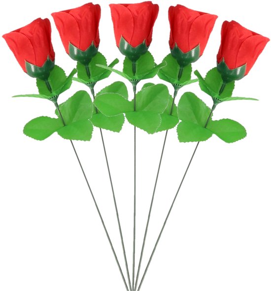 Rode roos kunstbloem - 5x - 28 cm - Valentijn kunstrozen - Kunstbloemen - boeketten - rozen rood - namaak bloem