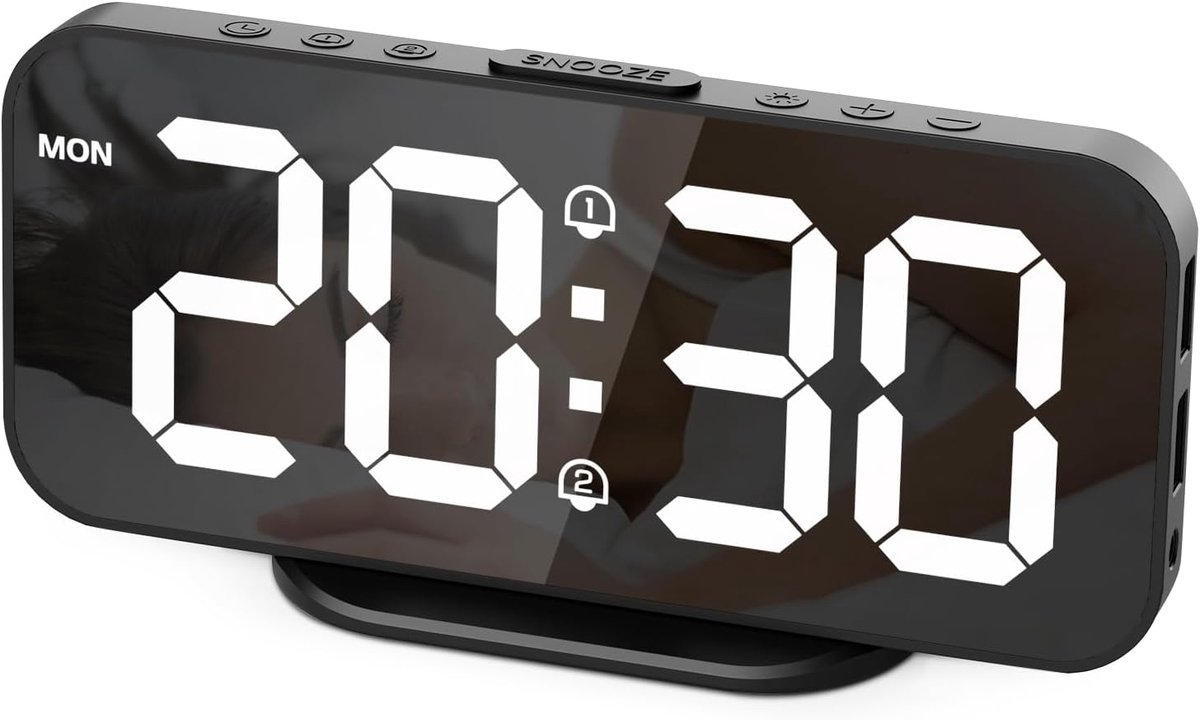 Digitale Wekker met Groot Spiegel Display en Snooze-functie, 3 Alarmschema's en 2 USB Poorten