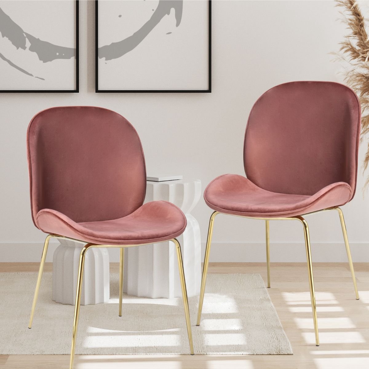 Floraya - Set 2 eetkamerstoelen Charlize - Roze/Goud - Velours - 51x63x80cm (LxBxH) - Draagkracht 100KG