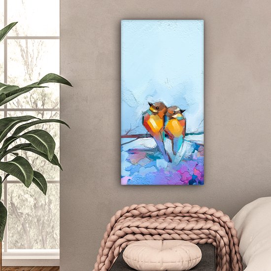 Toile - Peinture à l'huile - Vogels - Branche - Blauw - 40x80 cm - Décoration d'intérieur - Peintures sur toile