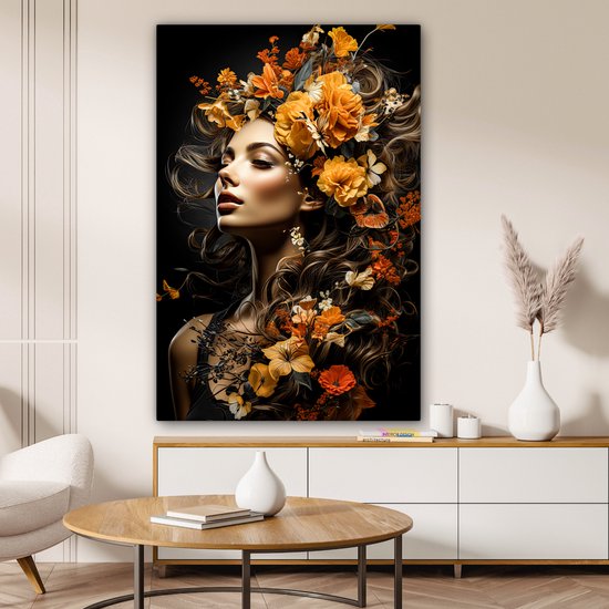 Peinture sur toile 80x120 cm - Femme fleurs - Accessoires de décoration de chambre - Peintures portrait salon - Décoration murale chambre - Décoration murale cuisine - Toile murale intérieur - Décoration maison