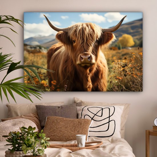 Canvas Schilderij 120x80 cm - Schotse hooglander - Dieren portret - Natuur - Dier - Wanddecoratie woonkamer - Kamer decoratie - Slaapkamer accessoires - Wanddoek binnen - Schilderijen