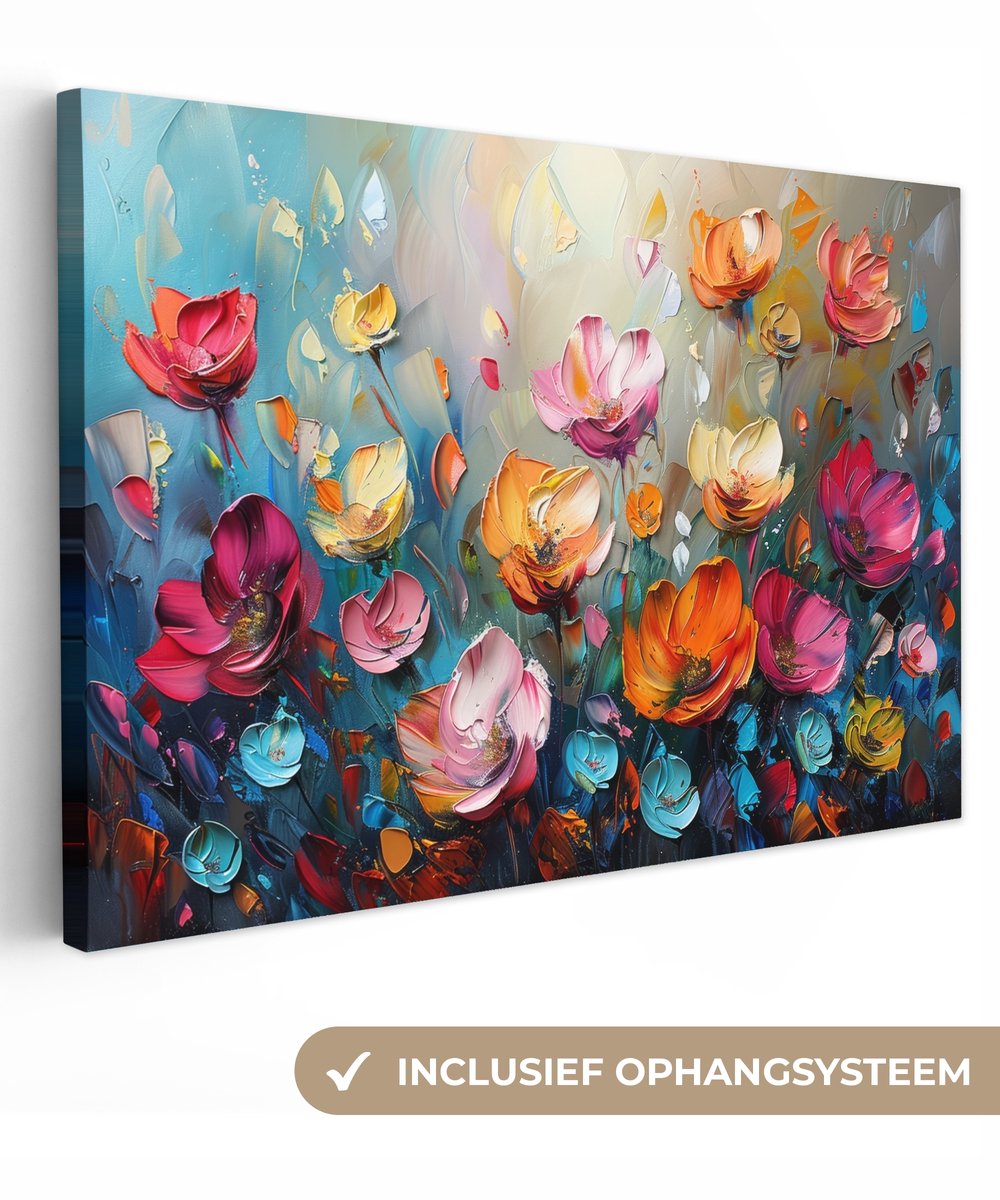 Canvas schilderij 120x80 cm - Wanddecoratie Bloemen - Kleurrijk - Abstract - Verf - Natuur - Muurdecoratie woonkamer - Kamer decoratie modern - Abstracte schilderijen