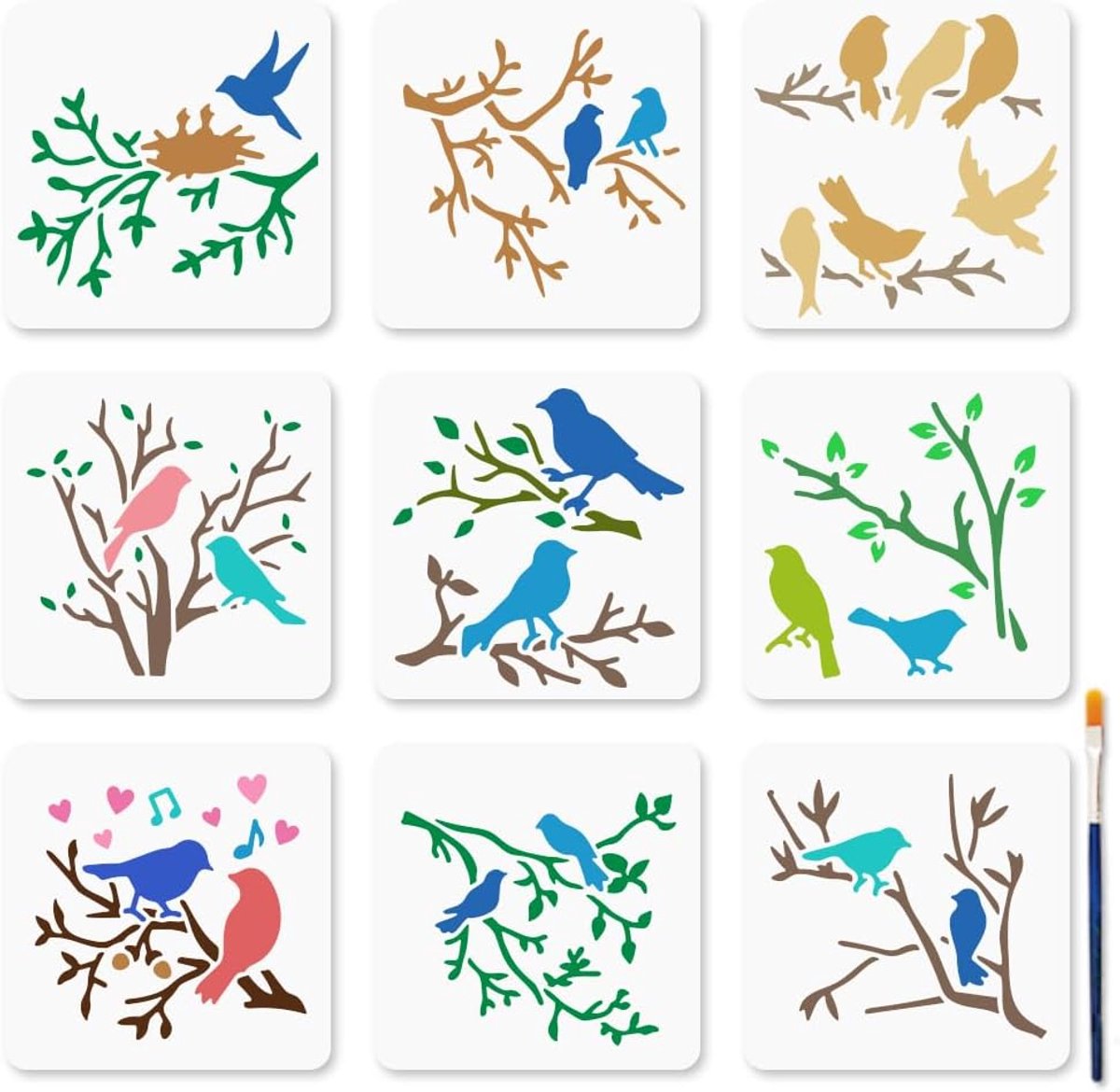 9Pcs Stencils voor Vogels - Takken - Nesten - Met Kwast - 15×15cm - Herbruikbare Plastic Schildertemplate voor Creatieve Projecten - Raam - Houten Wand - Huisdecoratie