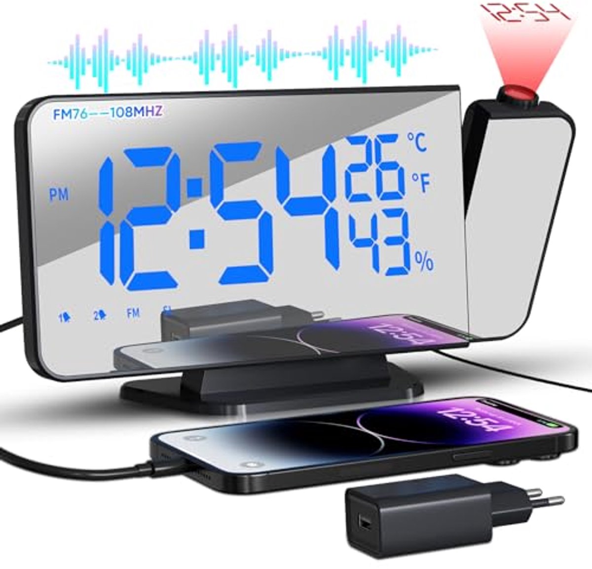 Digitale klokradio met projectie en temperatuur- en vochtigheidsweergave - Dubbele wekker met Type-C oplader