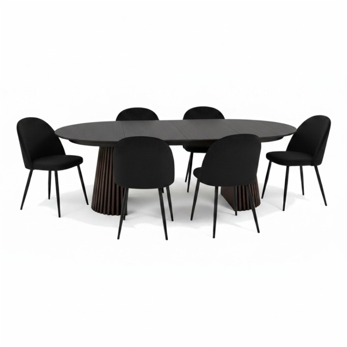 Tokyo eethoek eettafel zwart, 6 stoelen met zwarte velours bekleding.