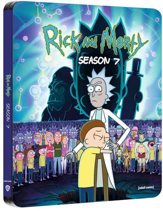 De voorkant van de Steelbook van Rick en Morty seizoen 7. Rick en Morty staan vooraan, omringd door personages, met een grote figuur op de achtergrond.