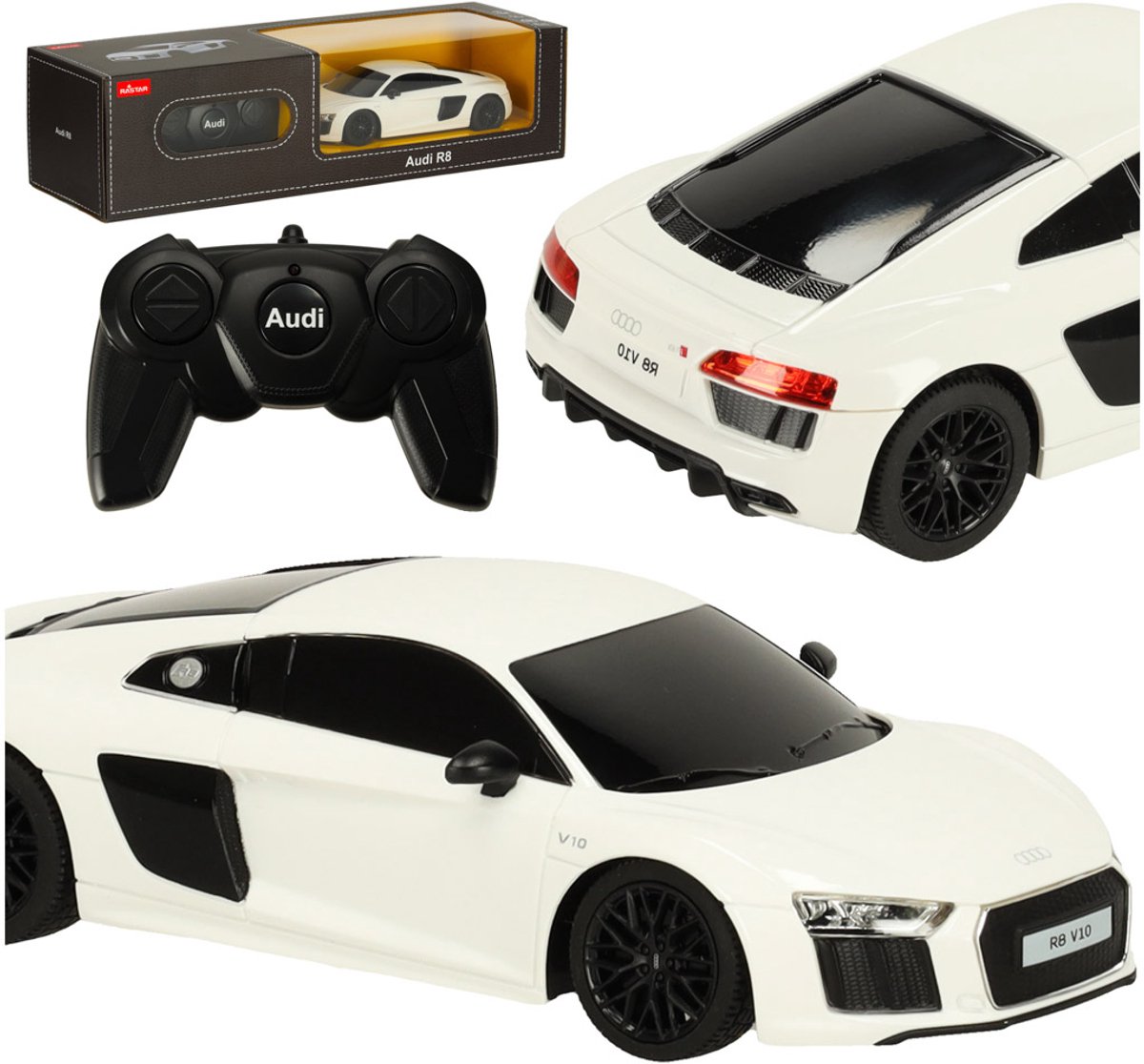 Rastar - Audi R8 2015 1:24 Wit RC Auto – Bestuurbare Auto - Sportieve Radiografische Auto met Snelheid en Precisie – Luxe Miniatuur Racewagen met Realistische Details – Ideaal als Cadeau of Verzamelmodel – Met Ebook