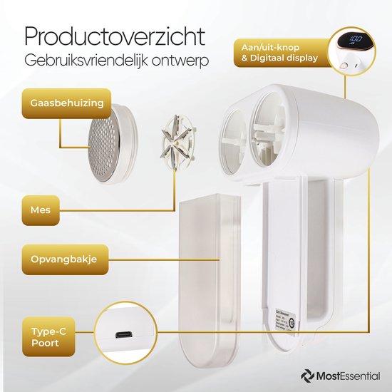 Exploded view van wit apparaat met gaas, mes, opvangbakje en Type-C poort. Met digitaal display en aan/uit-knop.