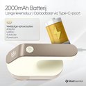 Beige pluizenverwijderaar met 2000 mAh batterij, oplaadbaar via USB-C.