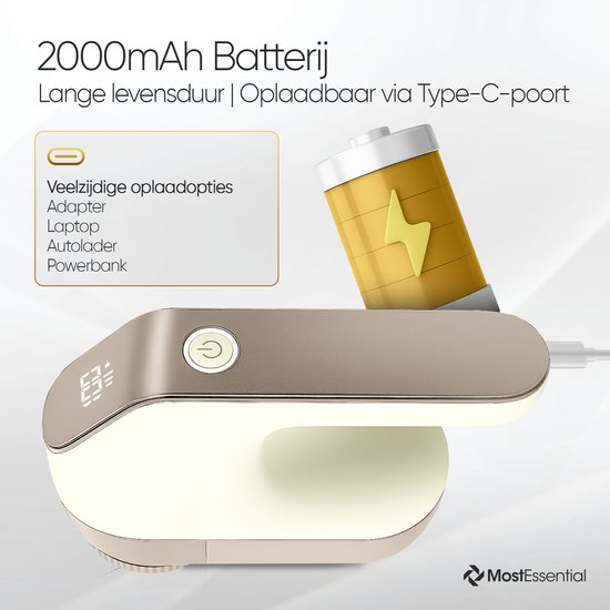 Beige pluizenverwijderaar met 2000 mAh batterij, oplaadbaar via USB-C.