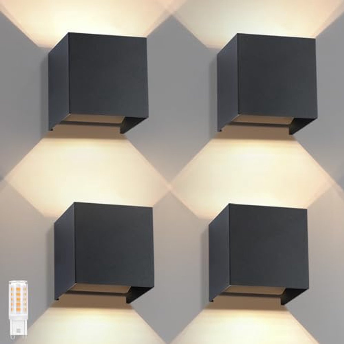 Set van 4 zwarte wandlampen voor buiten met IP65 - led up-down verlichting voor muurbekleding
