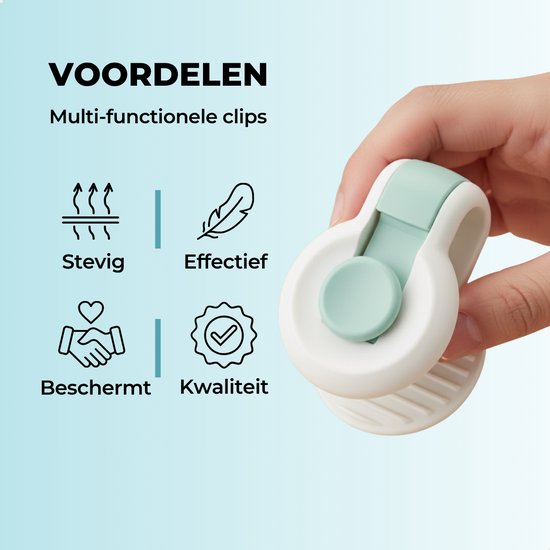Hand met witte en mintgroene clip. Stevig, effectief, beschermend, kwaliteit.