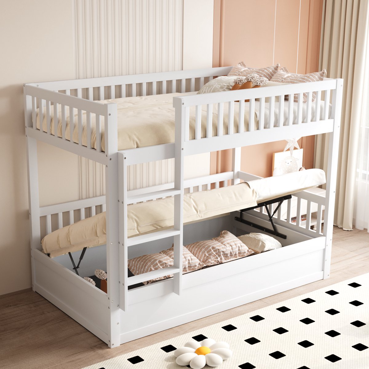 HAUSS SPOLE Stapelbed 90x200 - Kinderstapelbed met Hydraulisch Lagersysteem, Ladder en Schutzzäune - Grenenhout - Wit
