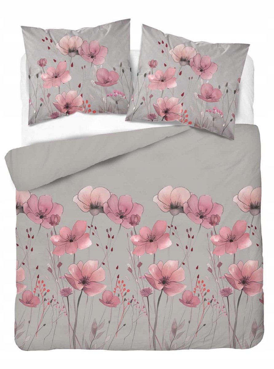 Home Satin Katoenen Dekbedovertrek 160x200cm Grijs Roze Bloemen