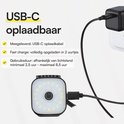 GearGlow LED lampje opgeladen met USB-C kabel aan adapter. Lampje is vierkant met 18 witte LED's.