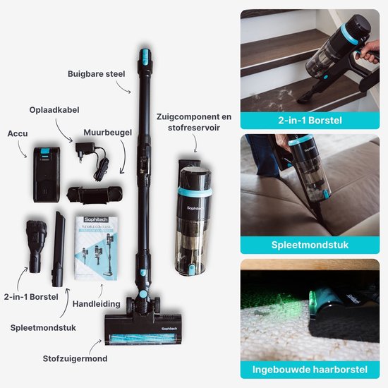 Aspirateur balai sans fil Sophitech – Puissance d'aspiration 26 kPa – 380 W – Aspirateur sans sac – Fonctionne sur batterie – Accessoires inclus