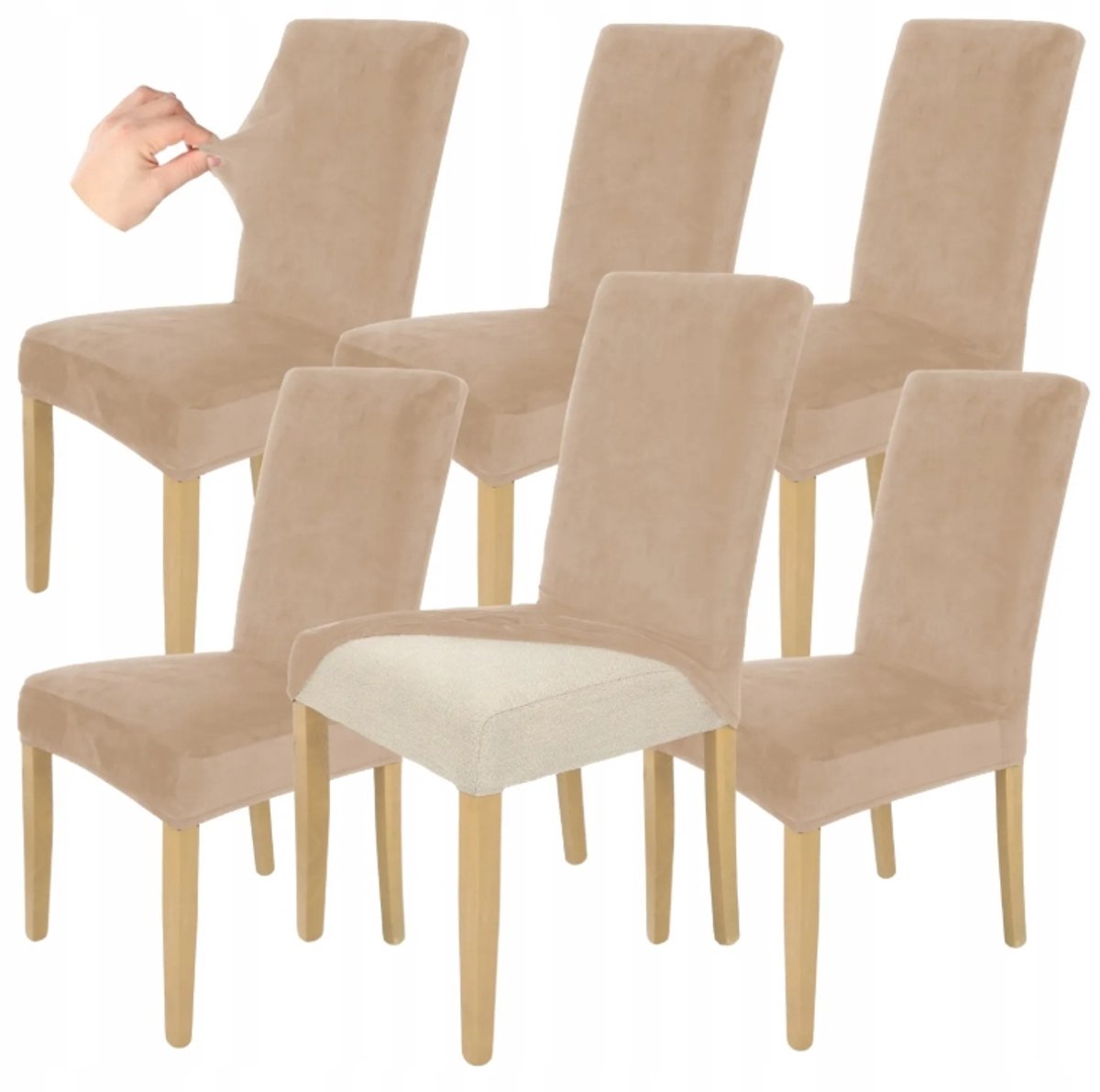 6x Beige Cappuccino Velours Stoelhoes - Elastisch & Universeel