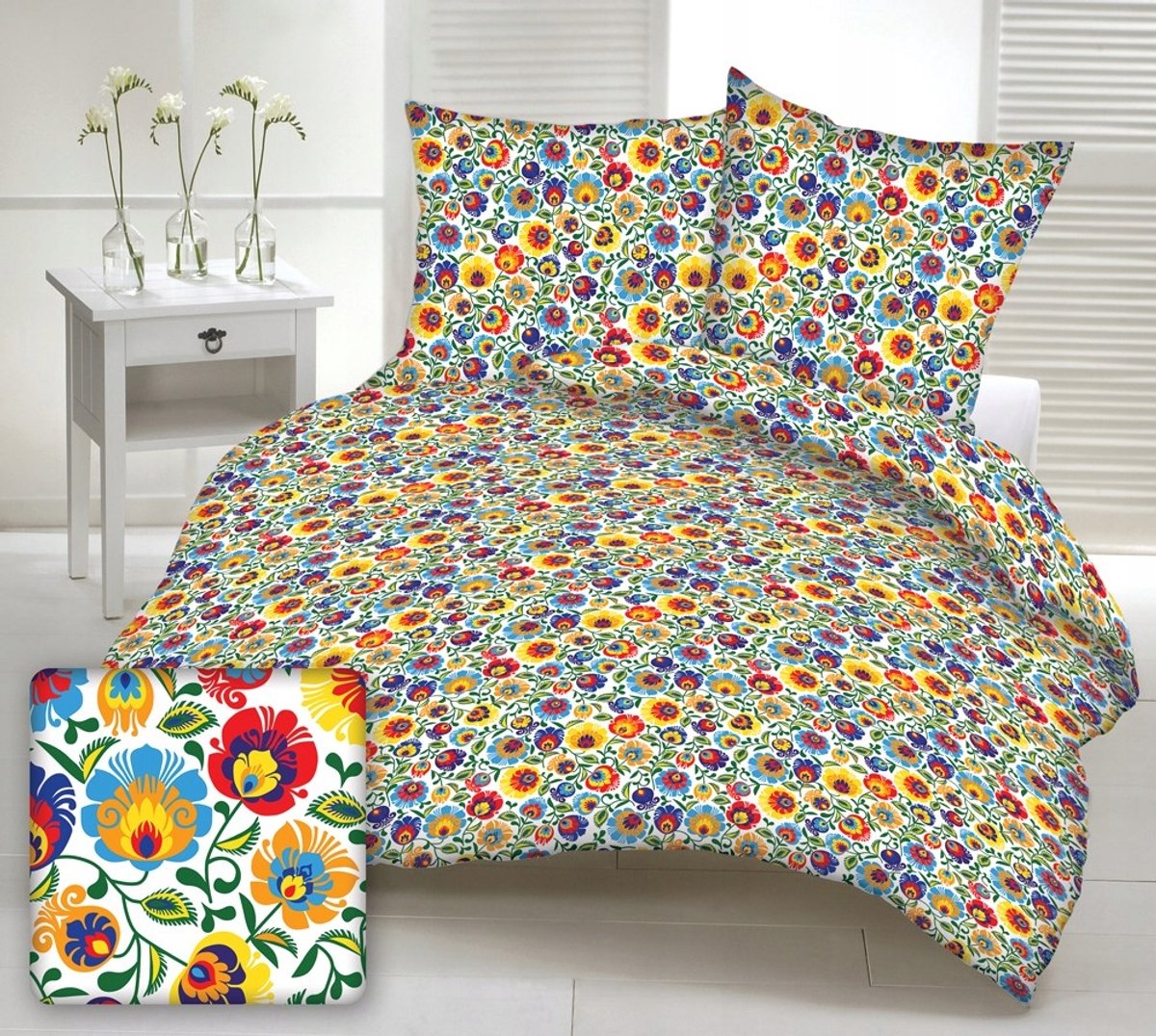Kora dekbedovertrek 160x200 wit met kleurrijke bloemen, 3-delig