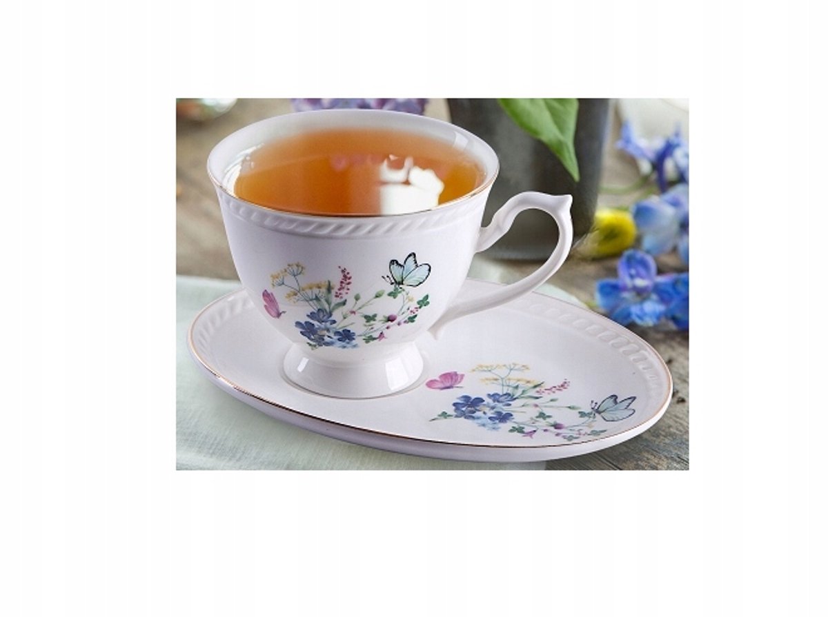 MATILDA Porseleinen Kopjes met Schotels 220ml - Delicate Bloemen & Vlinders