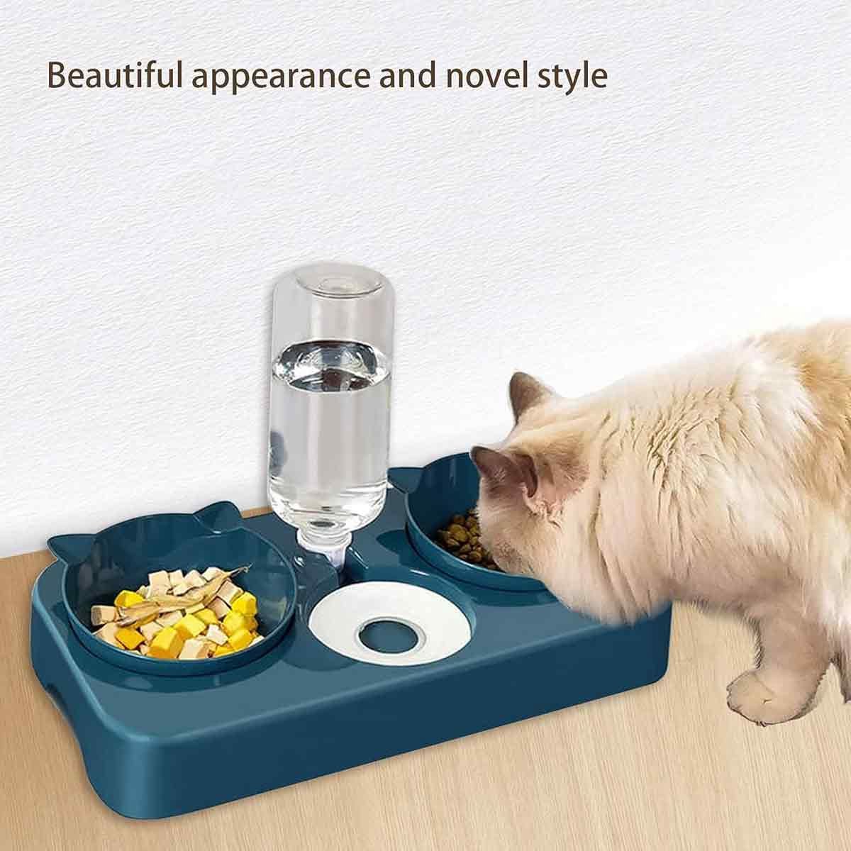 longziming -3-in-1 Automatische Kattenvoer- en Waterdispenser – Neigbare Kattenbak, Afneembaar en Geschikt voor Kleine en Middelgrote Honden en Katten (Blauw)