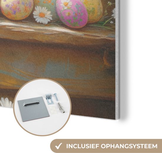 Gedetailleerd schilderij met paaseieren, incl. ophangsysteem met schroeven en pluggen.