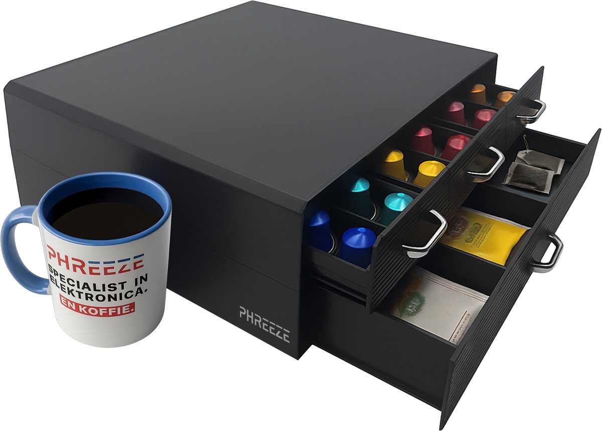 Phreeze - Capsulehouder - Geschikt voor Nespresso & K-Cups - Koffiecups Houder - 72-96 Cups - Cuphouder - Met 2 Lades - Zwart
