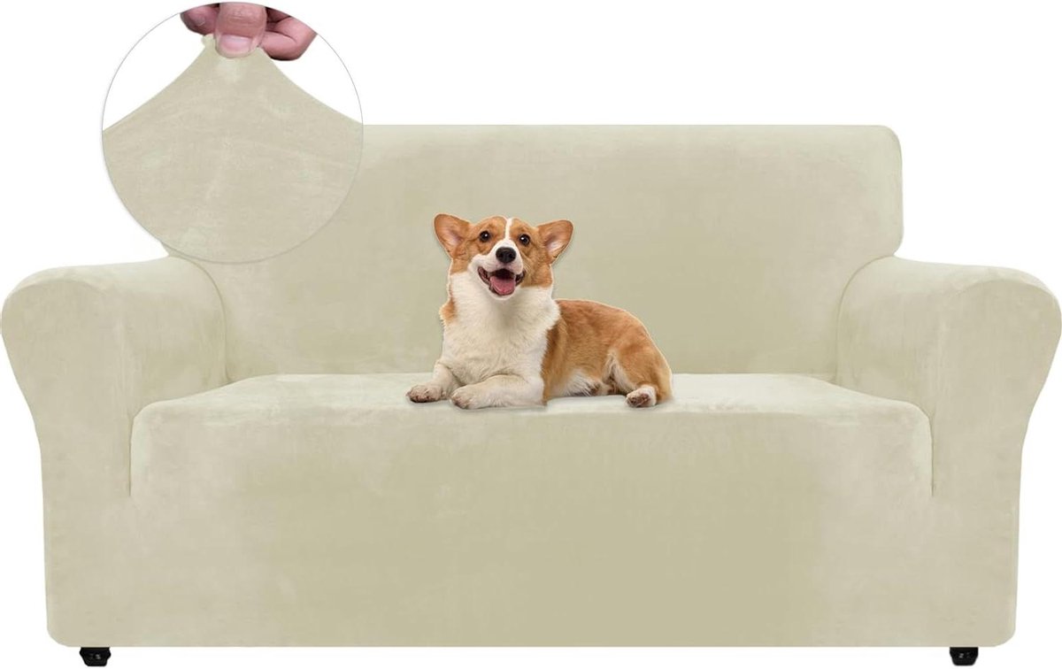 Allecto plus - Universele Stretch Bankhoes voor 2-zitsbank, Elastische Sofahoes met Anti-slip en Armsteun, Krasbestendig Meubelhoes in Beige kleur voor Woonkamer
