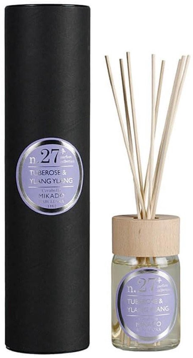 Cerabella Geurstokjes Diffuser N.27 – Tuberoos & Ylang Ylang – 100 ml – Luxe huisparfum met 8 stokjes en houten deksel