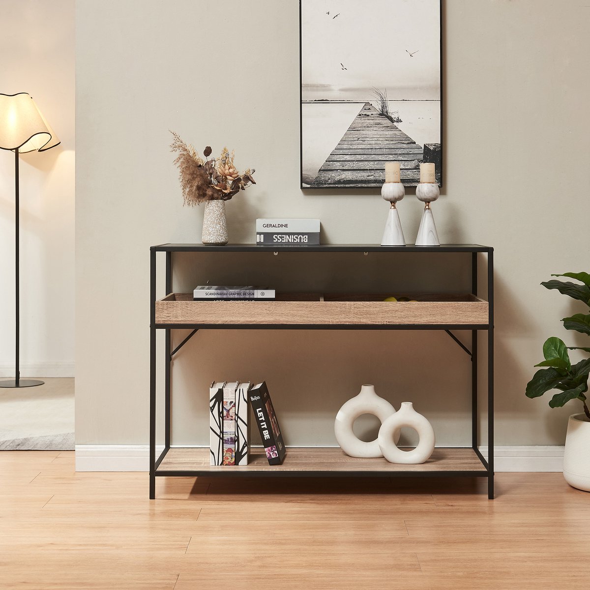 en.casa Consoletafel Belana 110x40x80 cm zwart en eikenkleurig [en.casa]