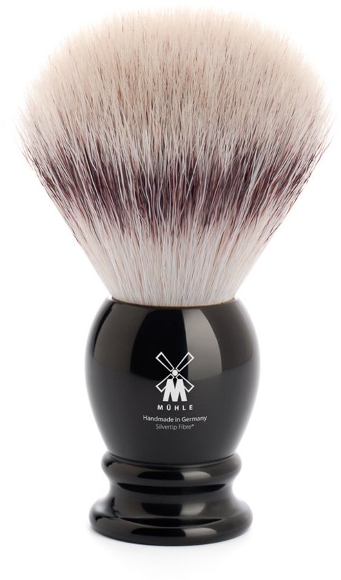 Zwarte scheerkwast met Silvertip Fibre®-haren en een MÜHLE-logo. Gemaakt in Duitsland.