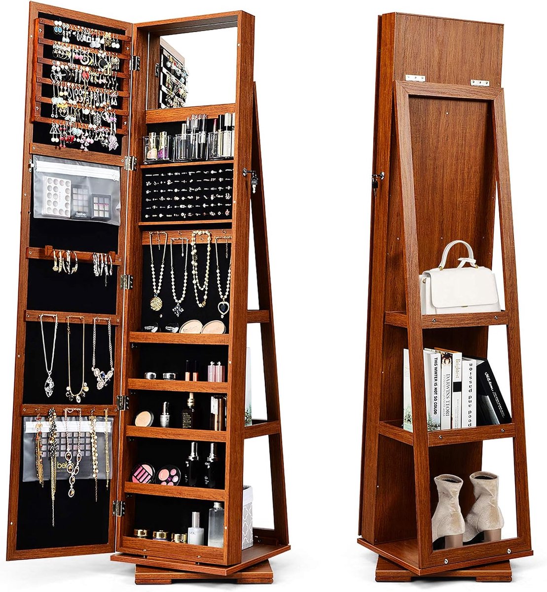 3-in-1 sieradenkast met spiegel, afsluitbaar en draaibaar, elegante sieradenorganizer voor slaapkamer