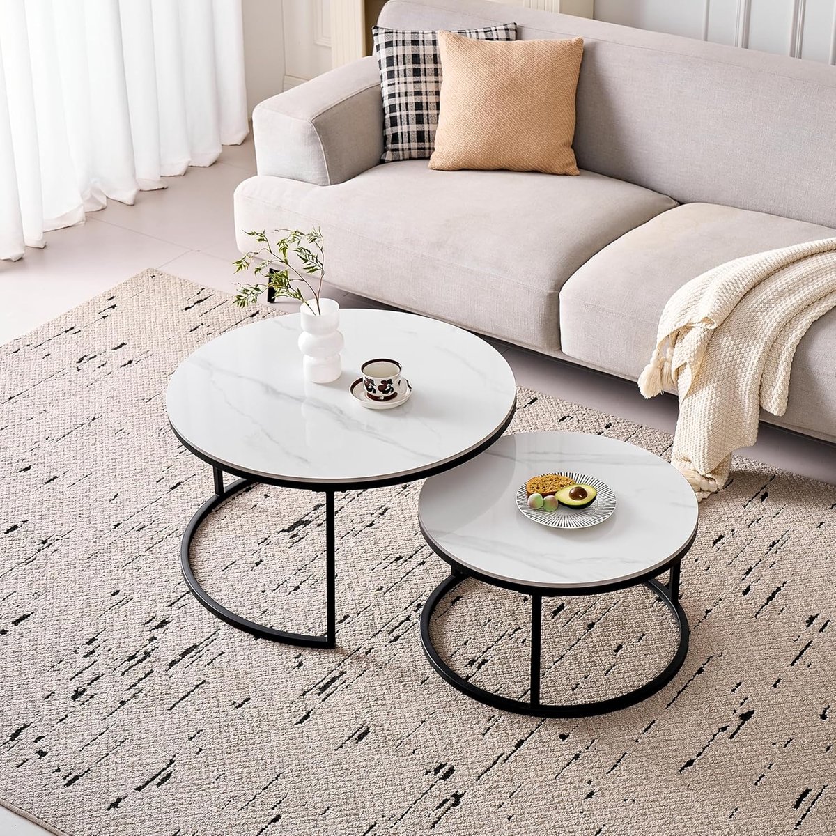Uittrekbare set van 2 salontafels met keramisch tafelblad - Industrieel design voor woonkamer, slaapkamer, en kantoor (wit/zwart, 70 cm)