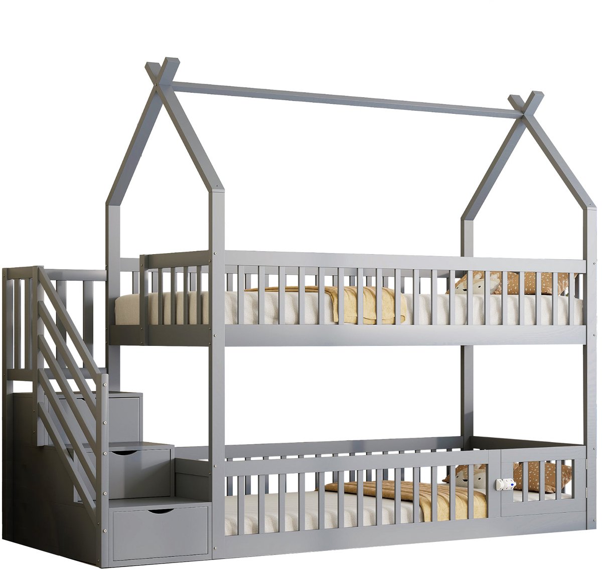 Merax Kinder Stapelbed 90x200 - Massief Hout met Dak - Veiligheidstrap met Lade - Bed in Huisvorm - Grijs