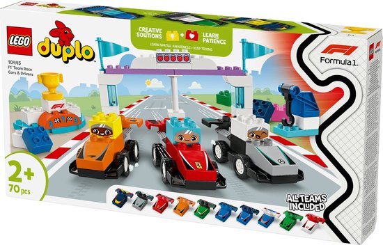 Boîte du set LEGO Duplo F1 Team Race Cars & Drivers avec des voitures et un arche de départ/arrivée.