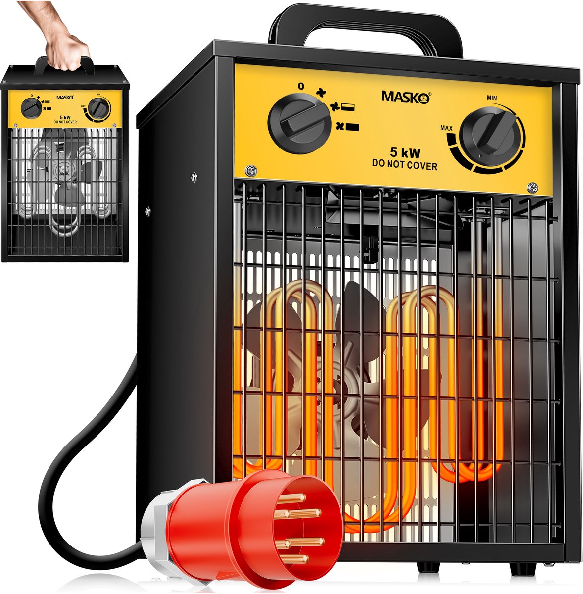 MASKO® Bouwkachel 5kW - Ventilatorkachel voor Binnen- en Buiten Elektrische Kachel Keramische Werkplaatskachel Electrische Verwarming 5000 Watt - Geel