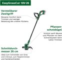 Illustratie van Bosch EasyGrassCut 18V-26 grastrimmer met afmetingen en tekst over instelbare handgreep, plantenbeschermer en snijdiameter van 26 cm.